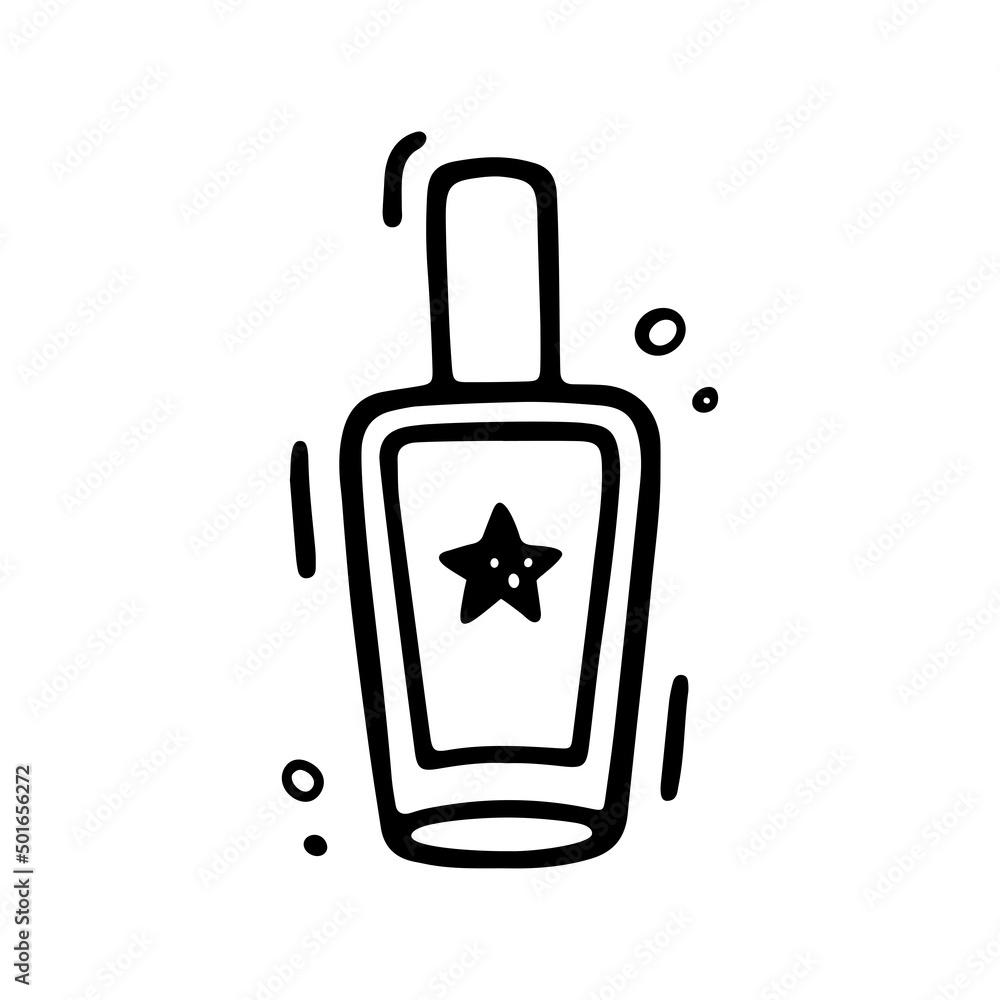 Cosmetic Icon. Perfume bottle, nail polish bottle in doodle style. Woman stuff, eco girls accessory concept. Vector hand drawn flat illustration isolated on white. Cosmetic Icon. Perfume bottle, nail polish bottle in doodle style. Woman stuff, eco girls accessory concept. Vector hand drawn flat illustration isolated on white.