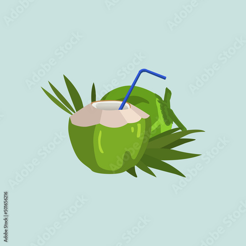 Green Coconut Illustration with Pastel Colors, Summer vacation. Beach vacation with fresh coconut