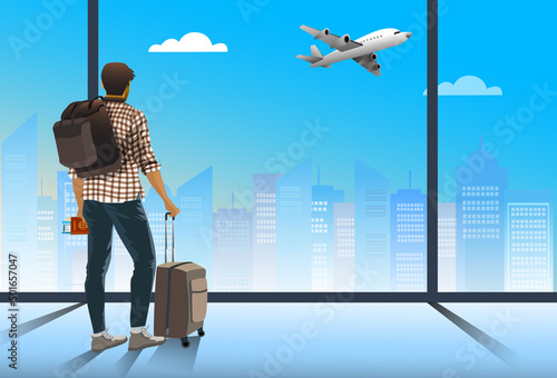 It's time to travel concept. A man is standing in in office on holiday and looks at the plane flight through the window, holding his ticket and luggage. vector