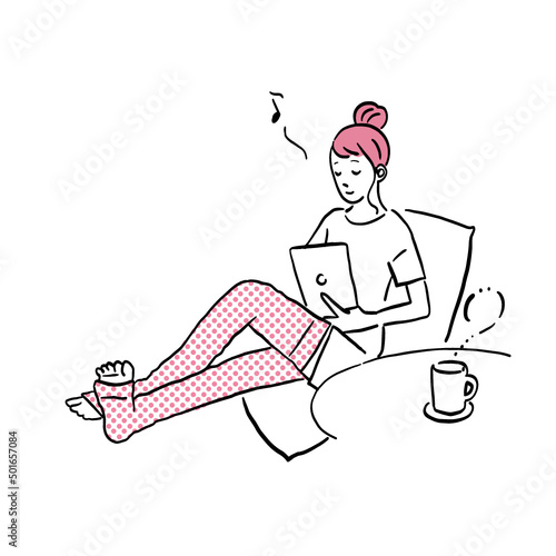 部屋でくつろぐ女性のイラスト　時間の使い方