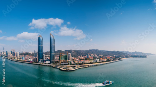Aerial photography of the twin towers of the World Trade Center along the coastline of Xiamen © 昊 周