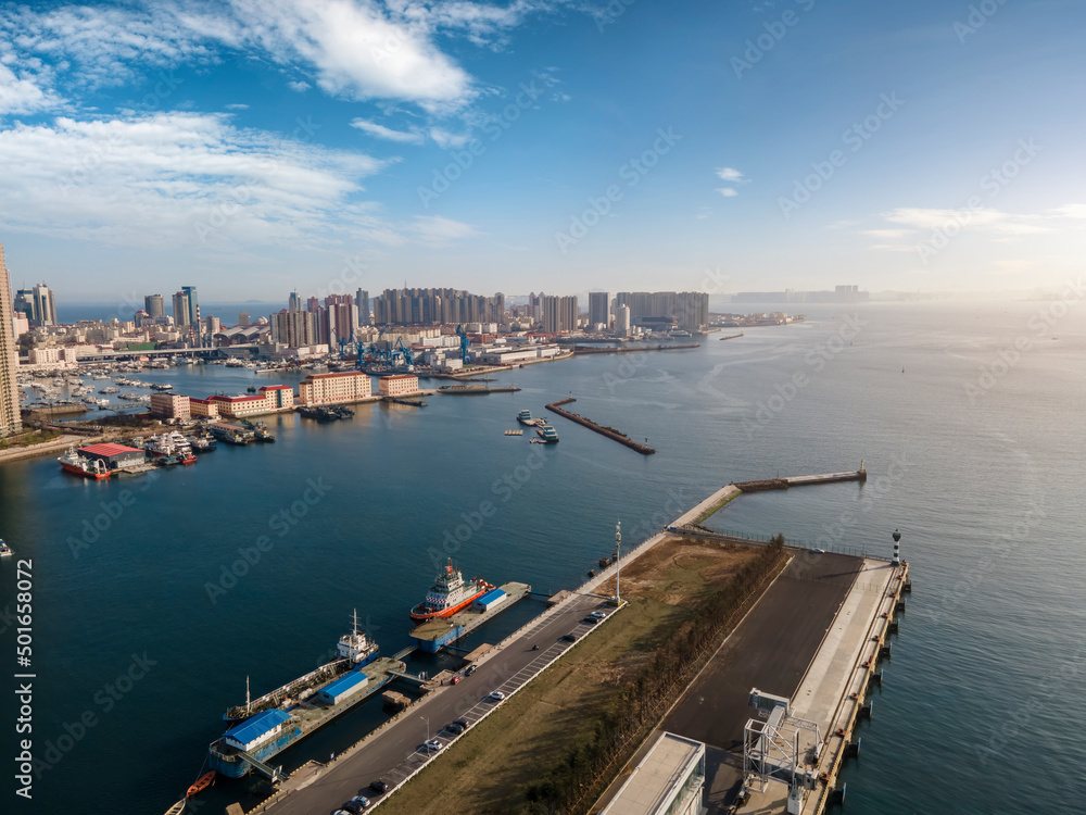 Aerial photography panoramic view of the city coastline of Qingdao, China