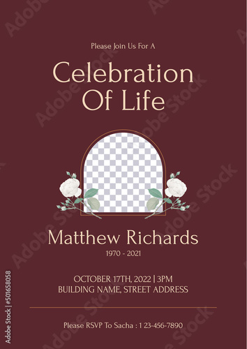 Simple memorial and funeral invitation card template design, dark red decorated with white roses