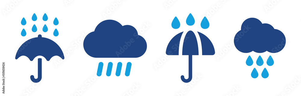 Rainy weather vector set. Containing rain with umbrella and raindrop with cloud icon vector illustration. - obrazy, fototapety, plakaty 