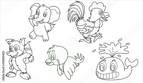 Cute design animal outline vector set 40 ( whale chicken elephant fox bird )
