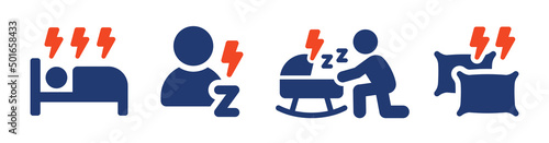 Person is suffering insomnia vector. Sleep disorder icon set isolated on white background.