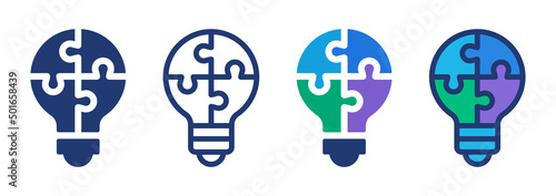 Jigsaw puzzles on light bulb icon vector set. Solution symbol isolated on white background. Idea conceptual concept