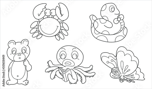 Cute design animal outline vector set 44   squid butterfly crab bear snake  