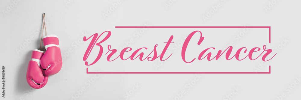 Pink boxing gloves and text BREAST CANCER on light background