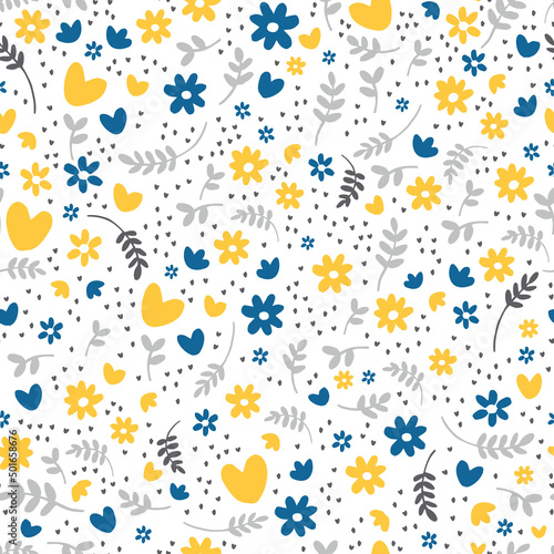 Seamless pattern of flowers, leaves and hearts in blue and yellow colors. Cute illustration for background, wrapping paper, wallpaper, fabric.