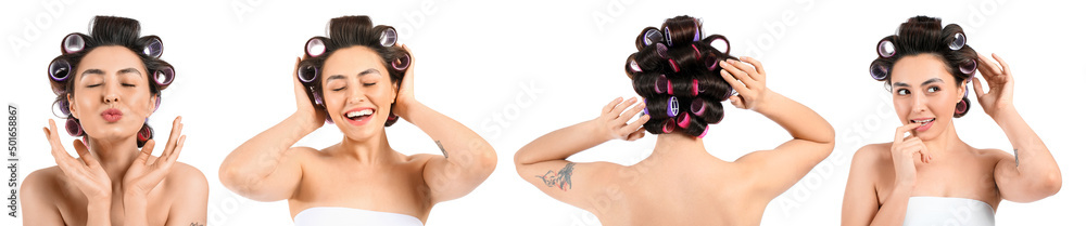 Set of beautiful young woman in hair curlers isolated on white Set of beautiful young woman in hair curlers isolated on white