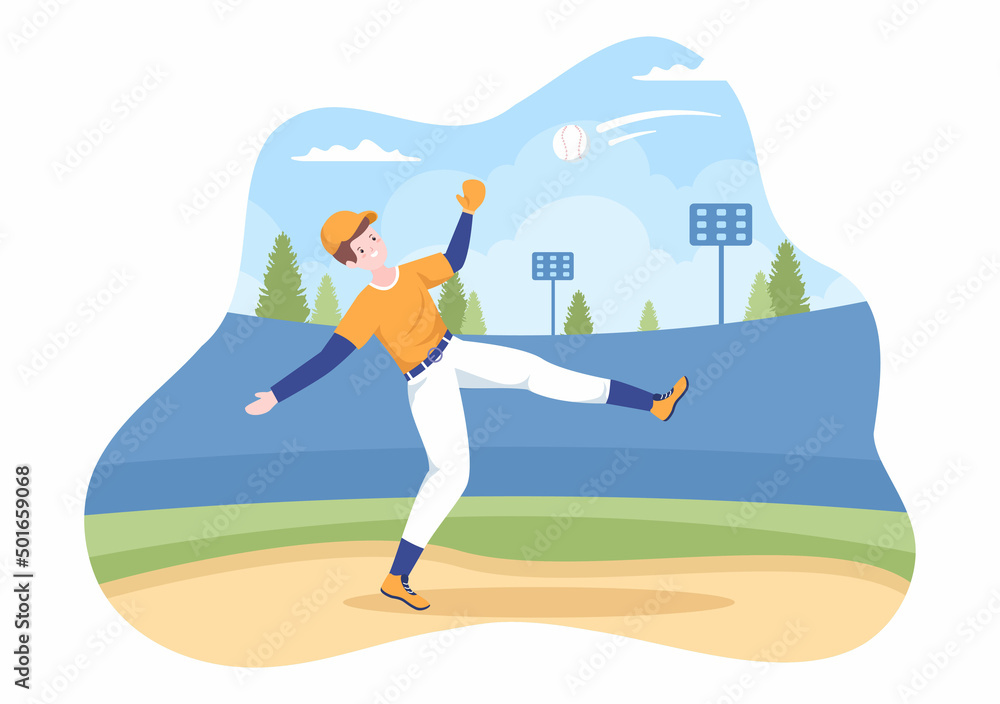 Baseball Player Sports Throwing, Catching or Hitting a Ball with Bats and Gloves Wearing Uniform on Court Stadium in Flat Cartoon Illustration Baseball Player Sports Throwing, Catching or Hitting a Ball with Bats and Gloves Wearing Uniform on Court Stadium in Flat Cartoon Illustration
