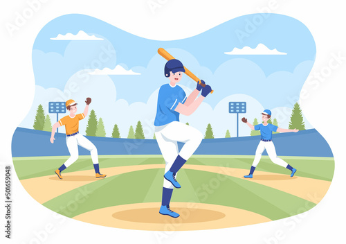Baseball Player Sports Throwing, Catching or Hitting a Ball with Bats and Gloves Wearing Uniform on Court Stadium in Flat Cartoon Illustration