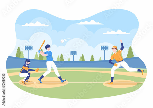 Baseball Player Sports Throwing, Catching or Hitting a Ball with Bats and Gloves Wearing Uniform on Court Stadium in Flat Cartoon Illustration