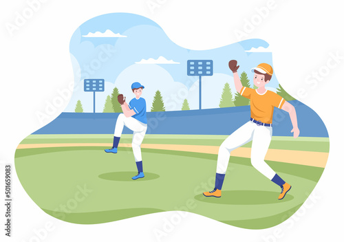 Baseball Player Sports Throwing  Catching or Hitting a Ball with Bats and Gloves Wearing Uniform on Court Stadium in Flat Cartoon Illustration