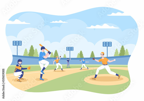 Baseball Player Sports Throwing, Catching or Hitting a Ball with Bats and Gloves Wearing Uniform on Court Stadium in Flat Cartoon Illustration