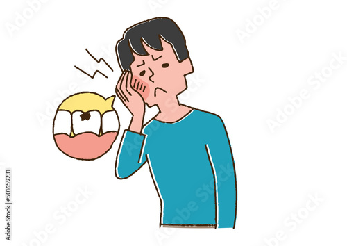 虫歯で痛みを感じている男性　コミカルな手書きの人物　ベクター、温かみのある線画