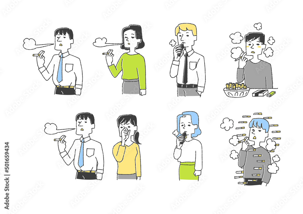 喫煙に関するイラストセット コミカルな手書きの人物 ベクター 温かみのある線画 Stock Vector Adobe Stock