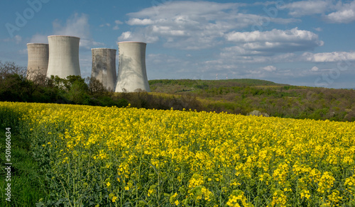 Cooling towers of nuclear power plant with the yellow field of rapeseed, canola or colza. Mochovce. Slovakia.