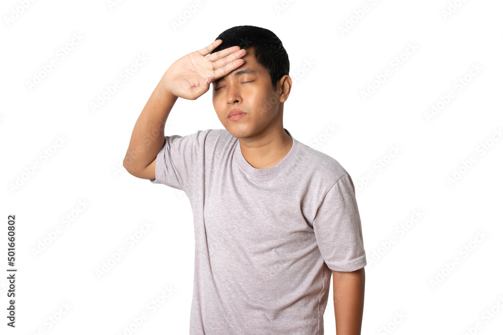 Young man headache and ill touching head isolated on white background. Young man headache and ill touching head isolated on white background.