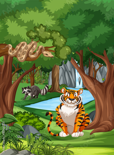 Forest scene with various wild animals