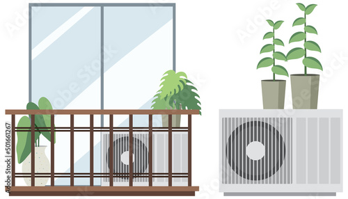 Balcony garden flat  with air conditioner on white background