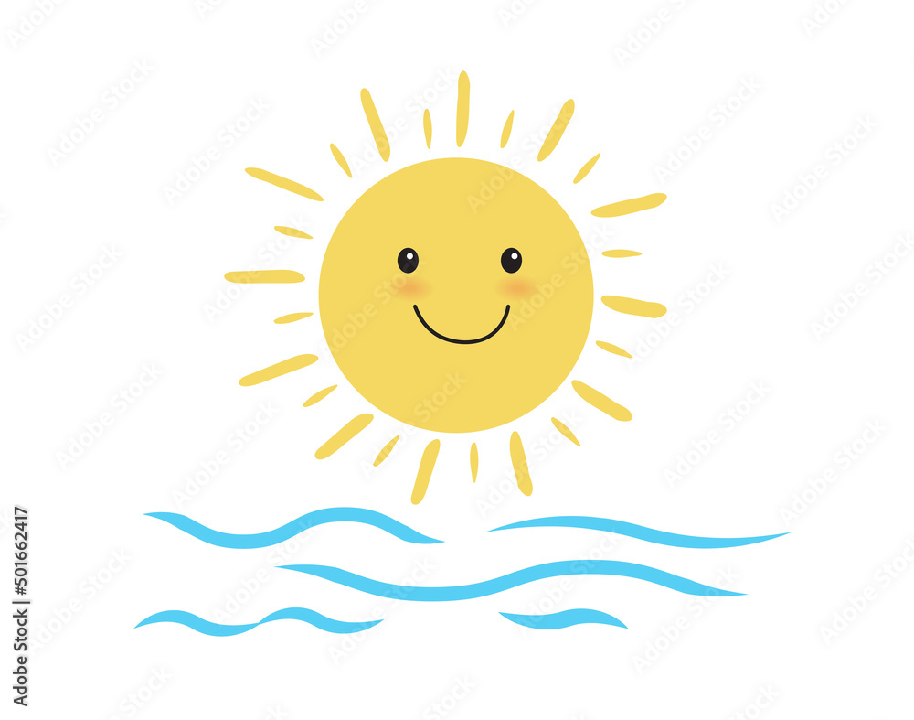 Cute sun smiling and sea waves. island and sea beach. holiday or tropical Concept. Vector illustration