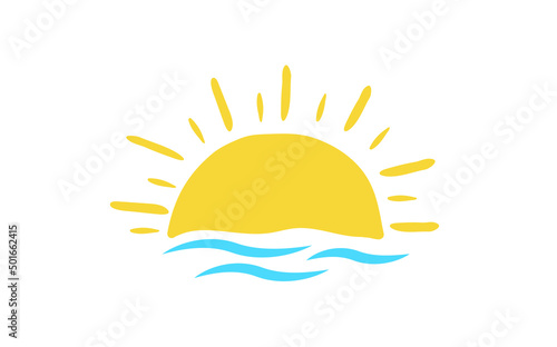 Sun with ocean wave. Sunset Beach. holiday or tropical Concept. Vector illustration