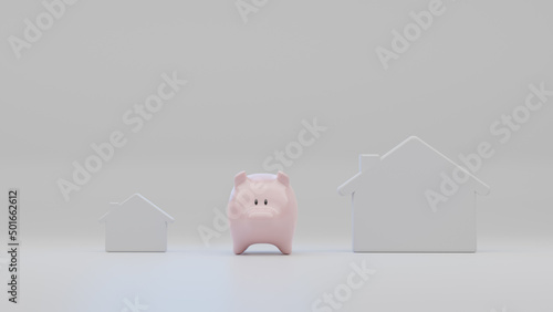 Piggy bank between two houses of different sizes