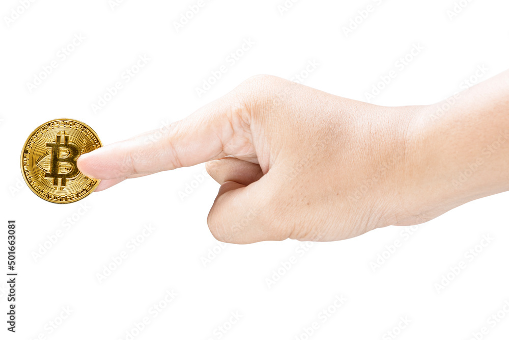 Human hand holding bitcoin cryptocurrency coins Human hand holding bitcoin cryptocurrency coins