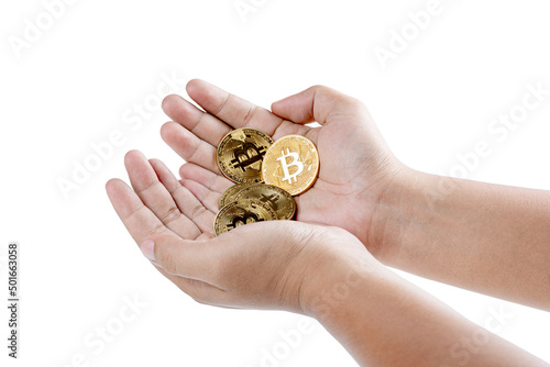 Human hand holding bitcoin cryptocurrency coins