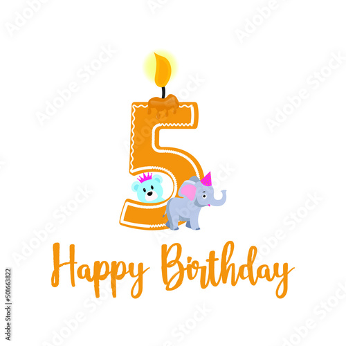 Happy fifth birthday candle and animals designed on white background