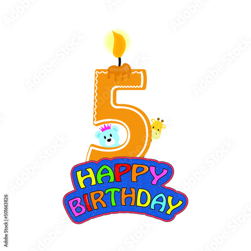 Happy fifth birthday candle and animals designed on white background