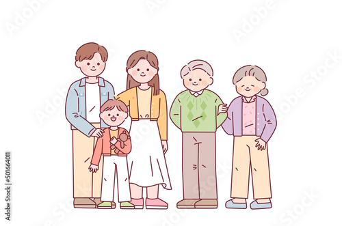 Grandfather, grandmother, dad, mother and son are standing together and smiling happily. outline simple vector illustration.