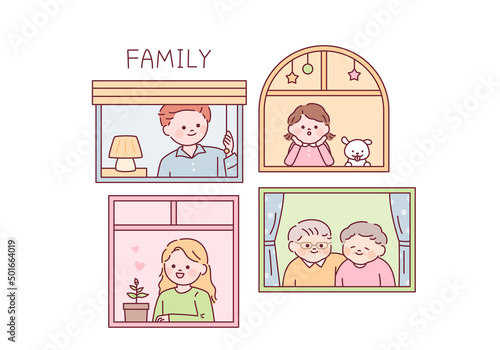 Grandpa, grandma, dad, mom, little daughter and dog are looking out from the windows of their respective rooms. outline simple vector illustration.