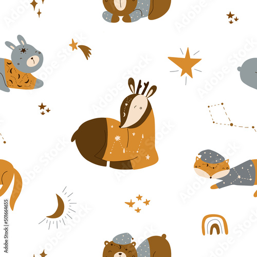 Seamless pattern with cute sleeping animals and outer space elements on a white background. Vector illustration for your design