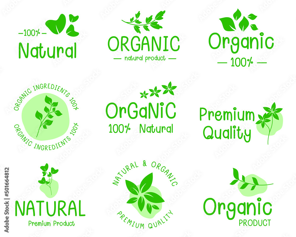 Fototapeta premium Set of logo, stickers and badges for organic food and drink, natural products, healthy life, food store and product promotion.
