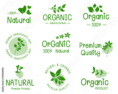 Set of logo, stickers and badges for organic food and drink, natural products, healthy life, food store and product promotion.