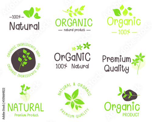 Organic food, healthy life and natural product logo, signs collection for food and drink market.