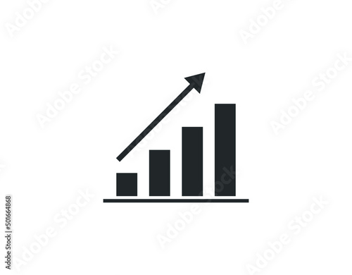 Single black arrow growing pointing up on chart graph bars icon, success graph trending upwards flat design interface infographic element for app ui ux web button, vector isolated on white background