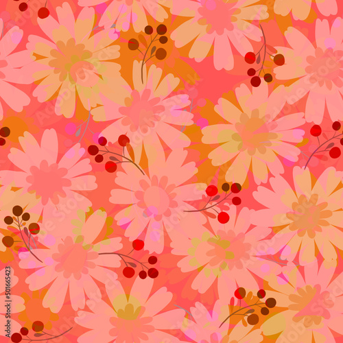 Delicate transparent pink and yellow layered chamomile flowers and red berries on a coral - peach seamless background