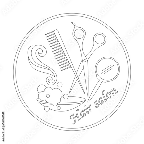 Barbershop. Scissors, comb, mirror and shaving foam. Barber symbols. Template for a barber shop, coloring book. Vector illustration