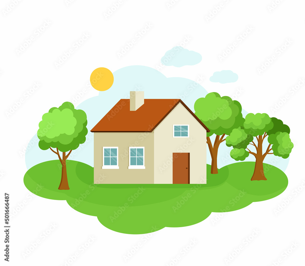 Simple rustic little house on background of nature on sunny summer day. The concept of cottage with garden in flat style. Vector illustration