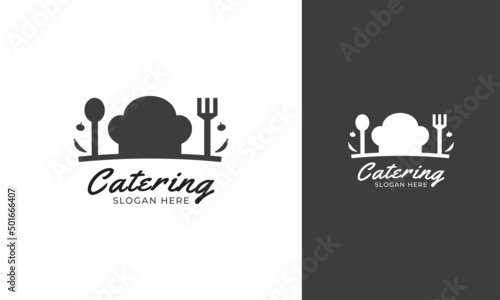Catering logo design with chef hat, spoon, fork, tomato, and chili vector