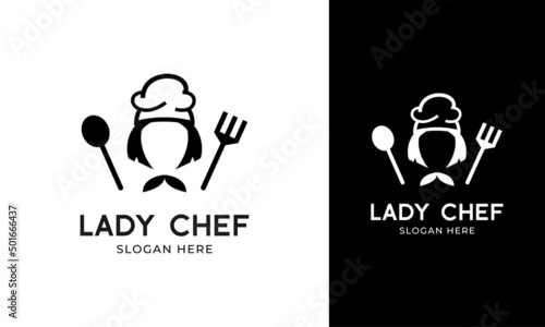 Lady chef logo design with hat, spoon, and fork icon