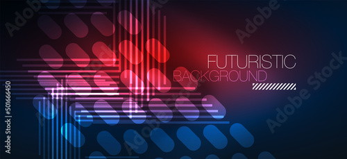 Background neon glowing lines and geometric shapes. Lights in the dark wallpaper for concept of AI technology, blockchain, digital, communication, 5G, science