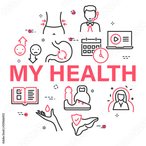 Health care circular vector banner. Linear medical and body care icons