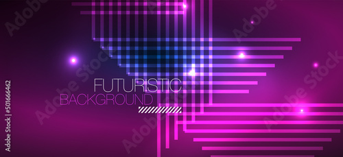 Background neon glowing lines and geometric shapes. Lights in the dark wallpaper for concept of AI technology, blockchain, digital, communication, 5G, science