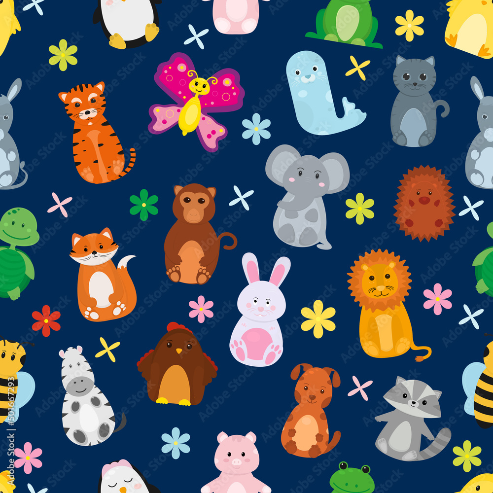 Seamless vector pattern with cute animals on a blue background. Children's pattern. Seamless vector pattern with cute animals on a blue background. Children's pattern.