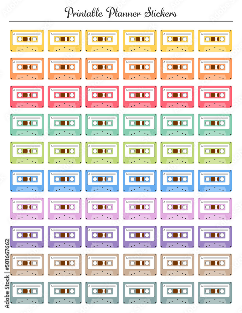 Retro cassette. Printable planner colored stickers. Retro cassette. Printable planner colored stickers.